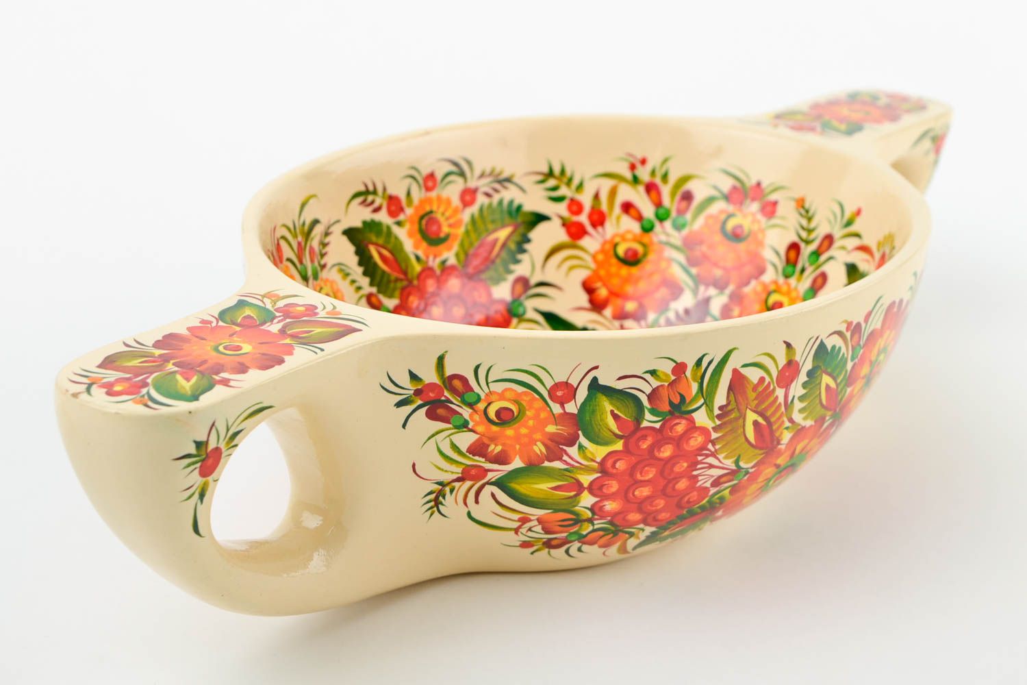 Bol avec 2 anses fait main Puisoir en bois peint motif floral Cadeau original photo 5