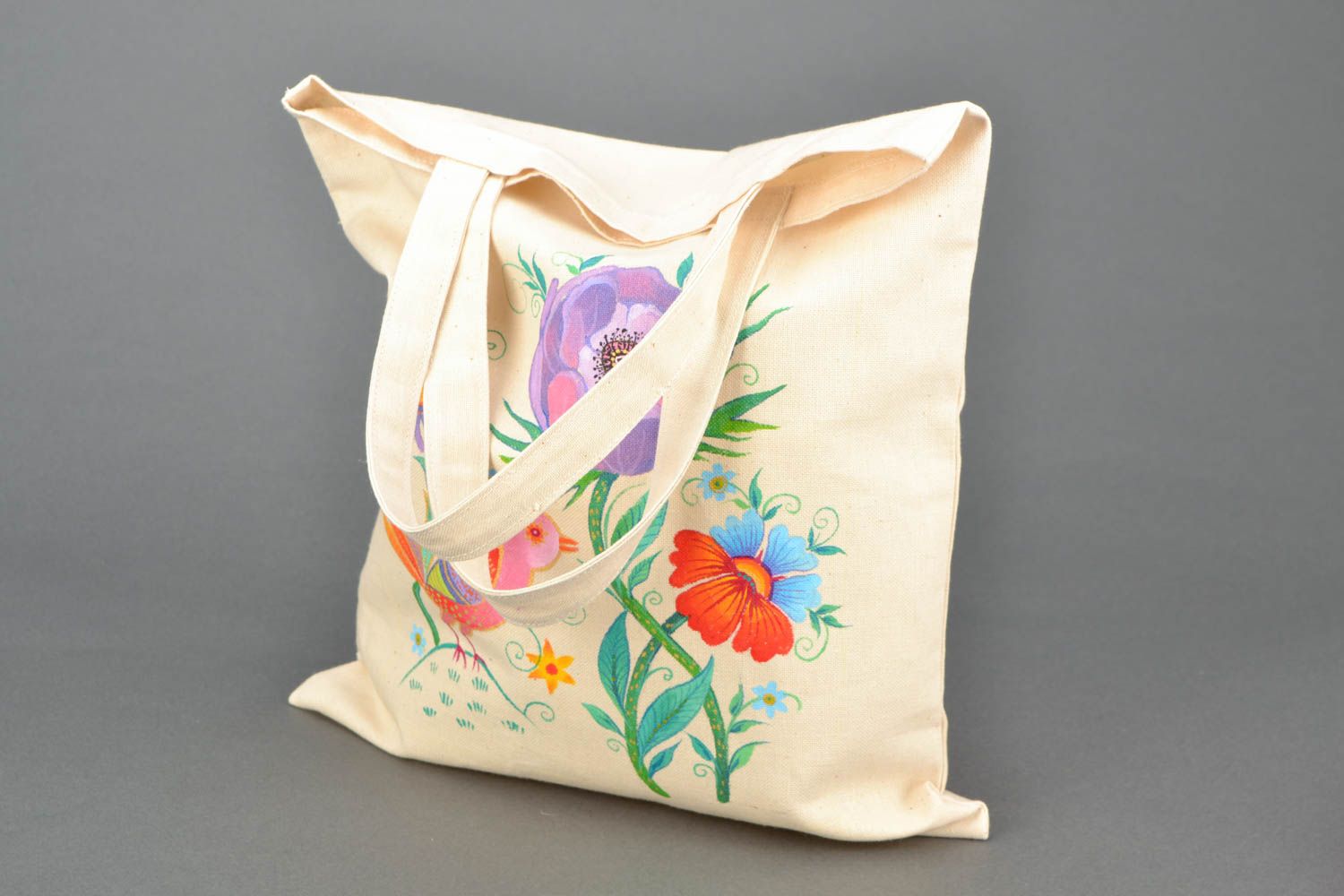 Textile, cotton white shoulder bag with floral design  photo 1