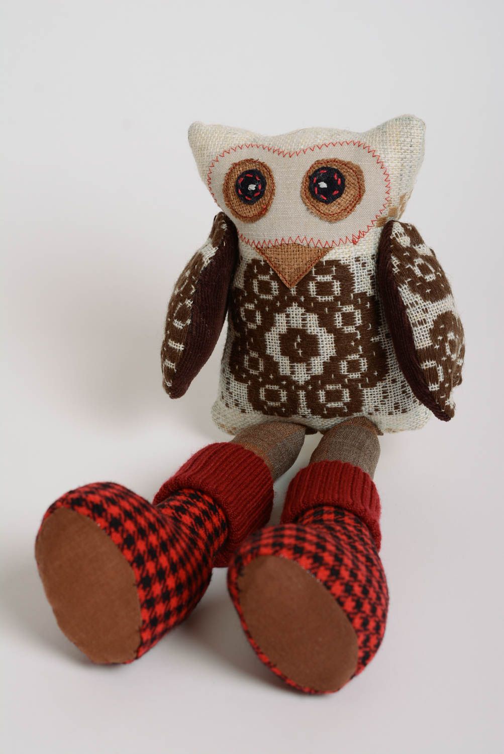 Small beautiful handmade fabric soft toy owl with large paws photo 3