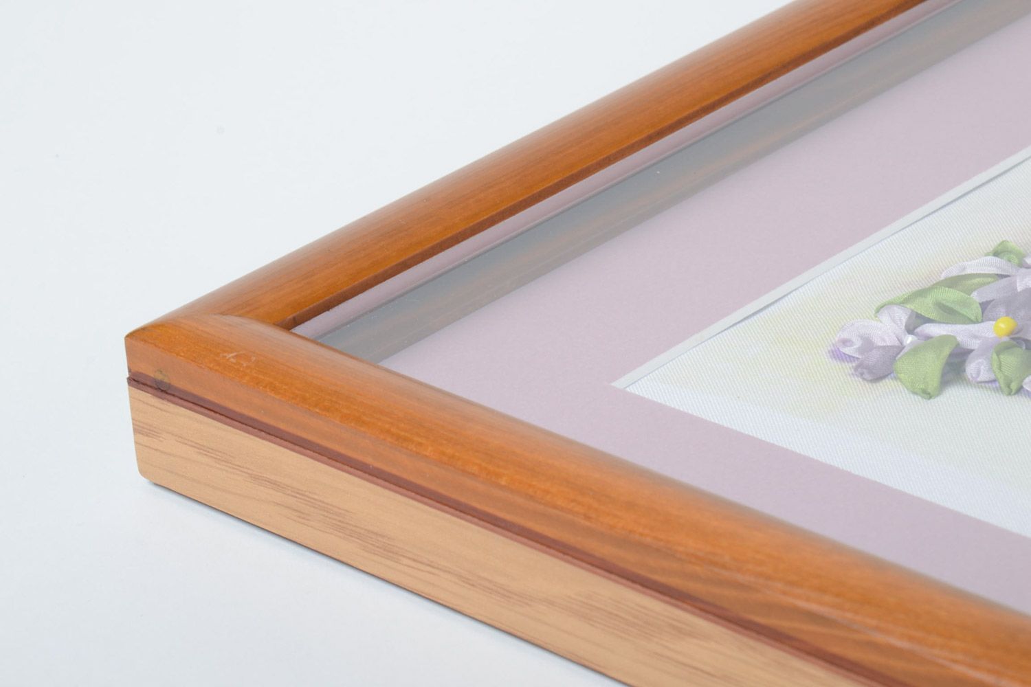 Beautiful light handmade ribbon embroidery in wooden frame photo 3