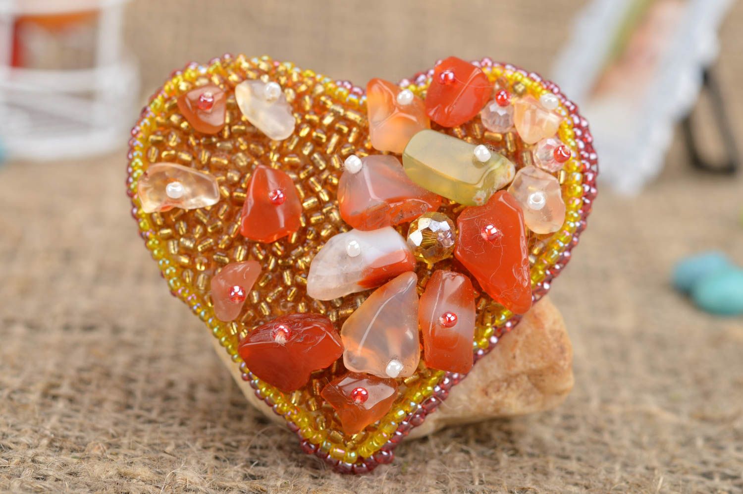 Gorgeous bright designer handmade beaded brooch created in form of heart photo 1