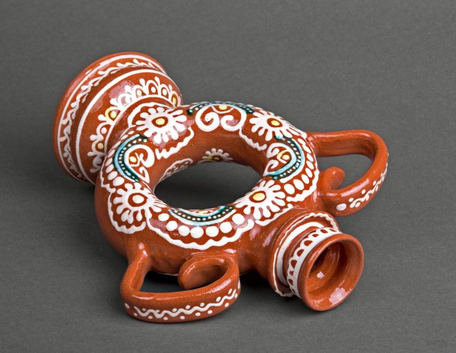 Handmade ceramic 30 oz decorative pitcher in circle shape wi two handles 1,46 lb photo 3