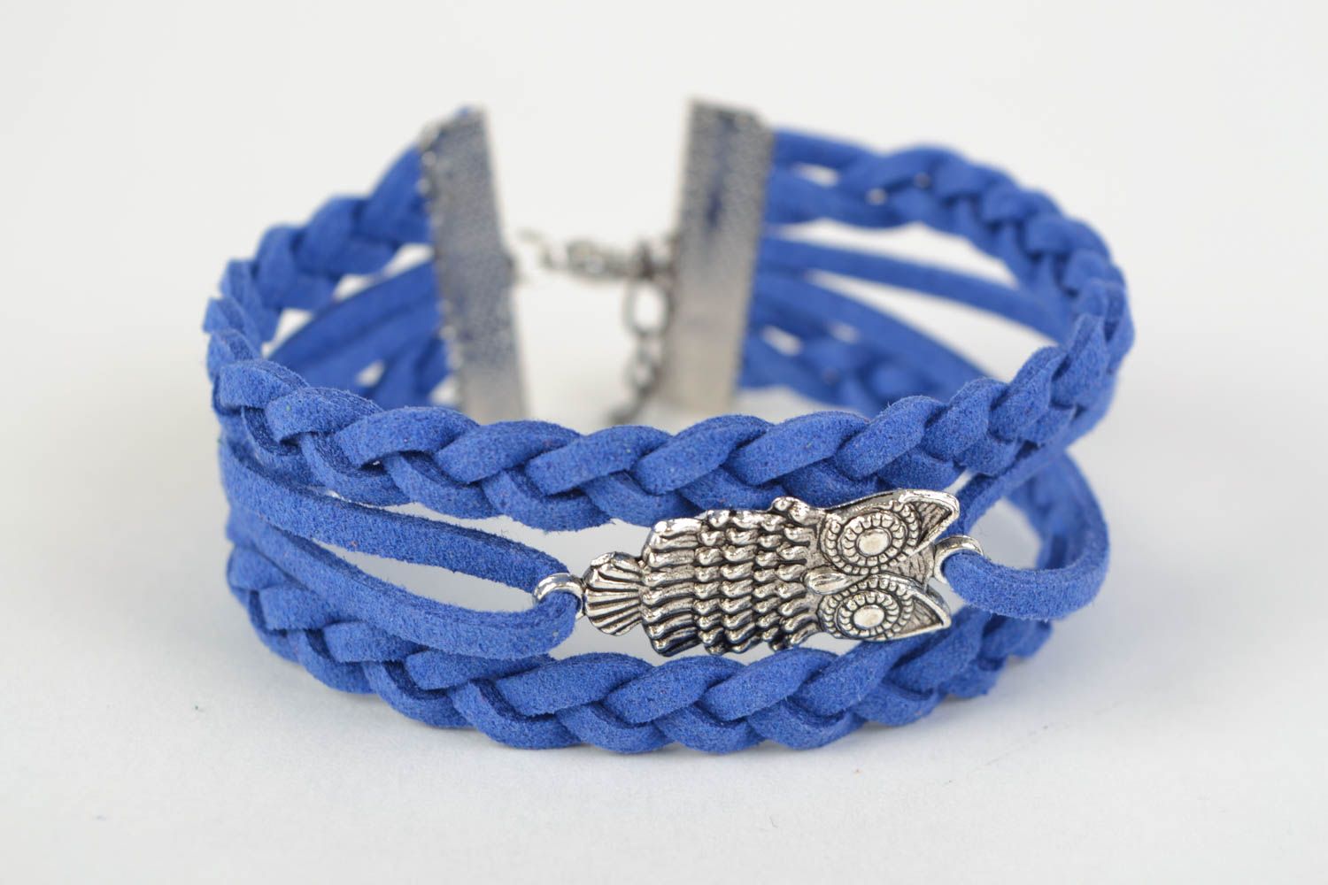 Handmade stylish suede cord blue bracelet with charm owl beautiful accessory photo 3
