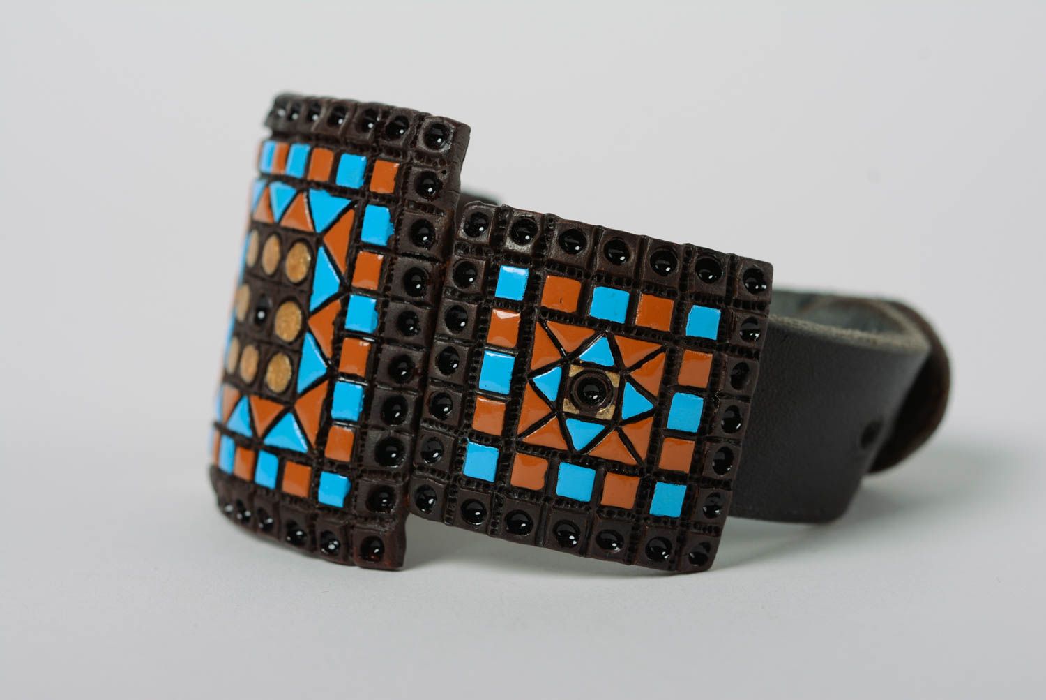 Unusual colorful wide handmade ceramic bracelet with leather inserts photo 4