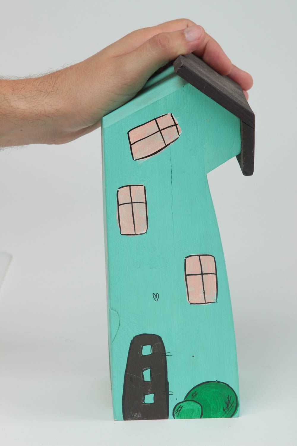 Maisonnette en bois fait main Petite statuette bleu clair Déco intérieur photo 5