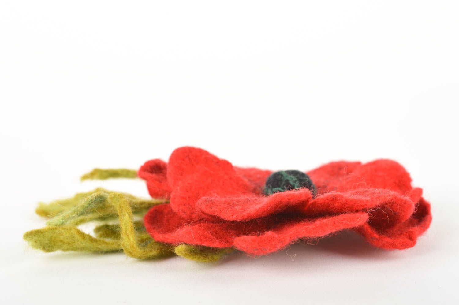 Handmade designer woolen brooch stylish female accessory red poppy brooch photo 3