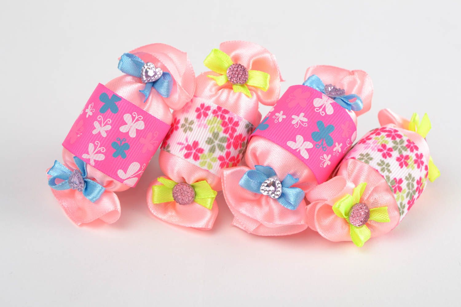 Children's handmade designer textile ribbon hair ties set 4 pieces Candies photo 5