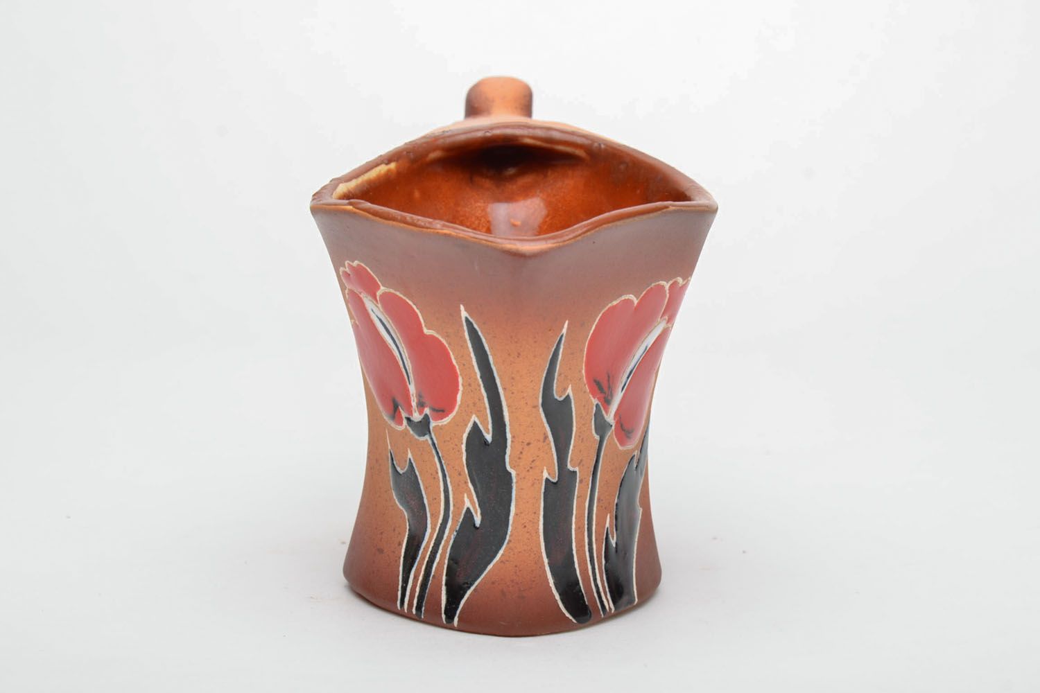 Medium size 8 oz clay glazed decorative ceramic mug with red hot poppies pattern photo 3