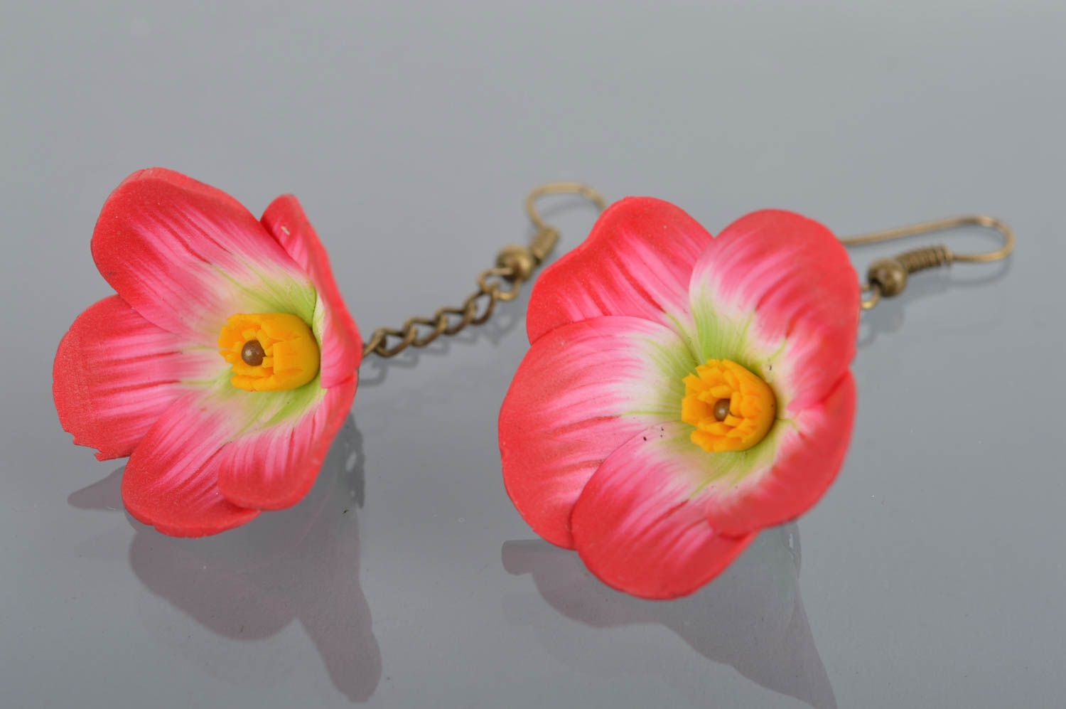 Neat earrings with polymer clay flowers unusual pink handmade accessory photo 2