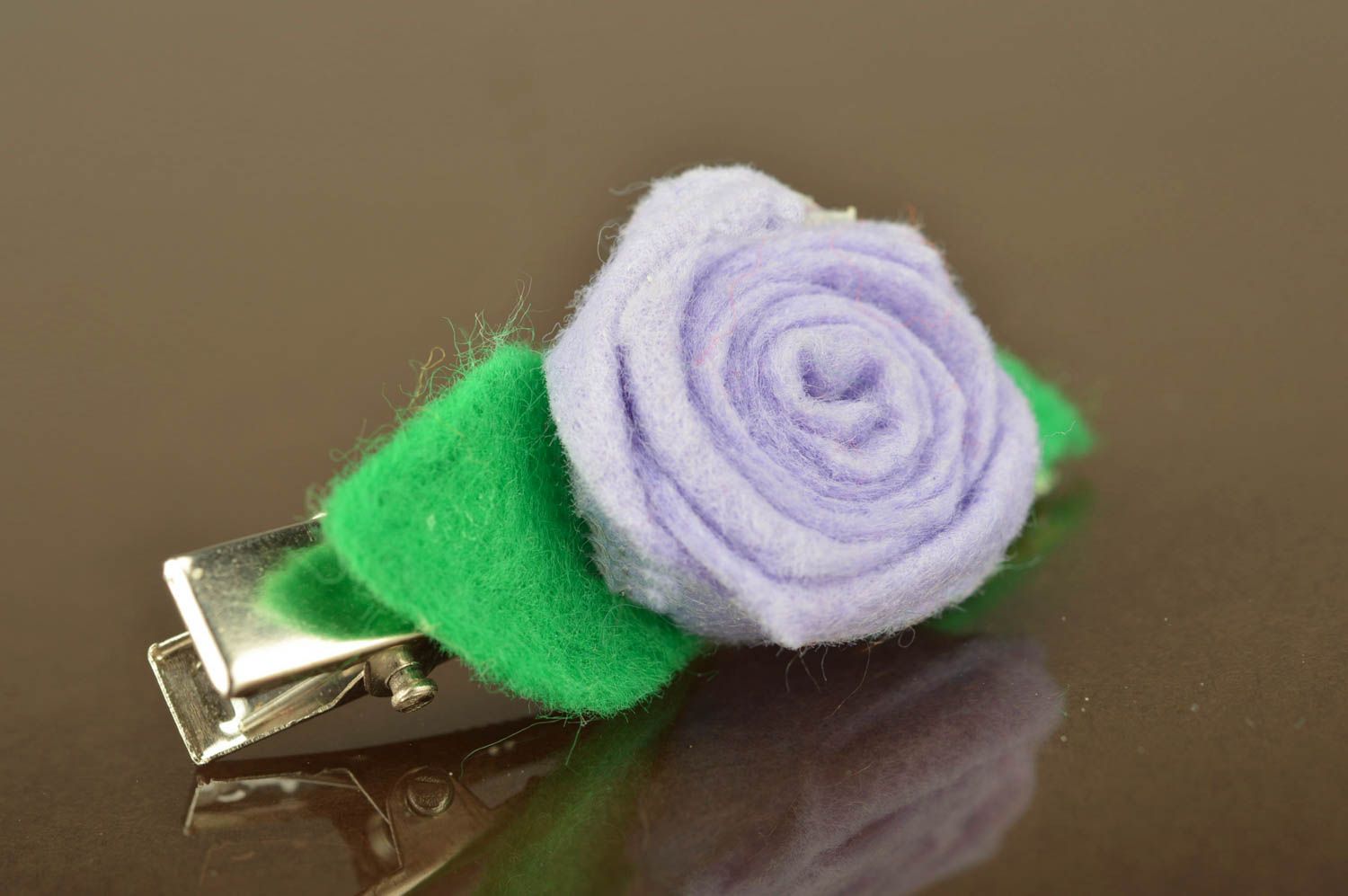 Small decorative designer metal hair clip with violet felt flower  photo 2