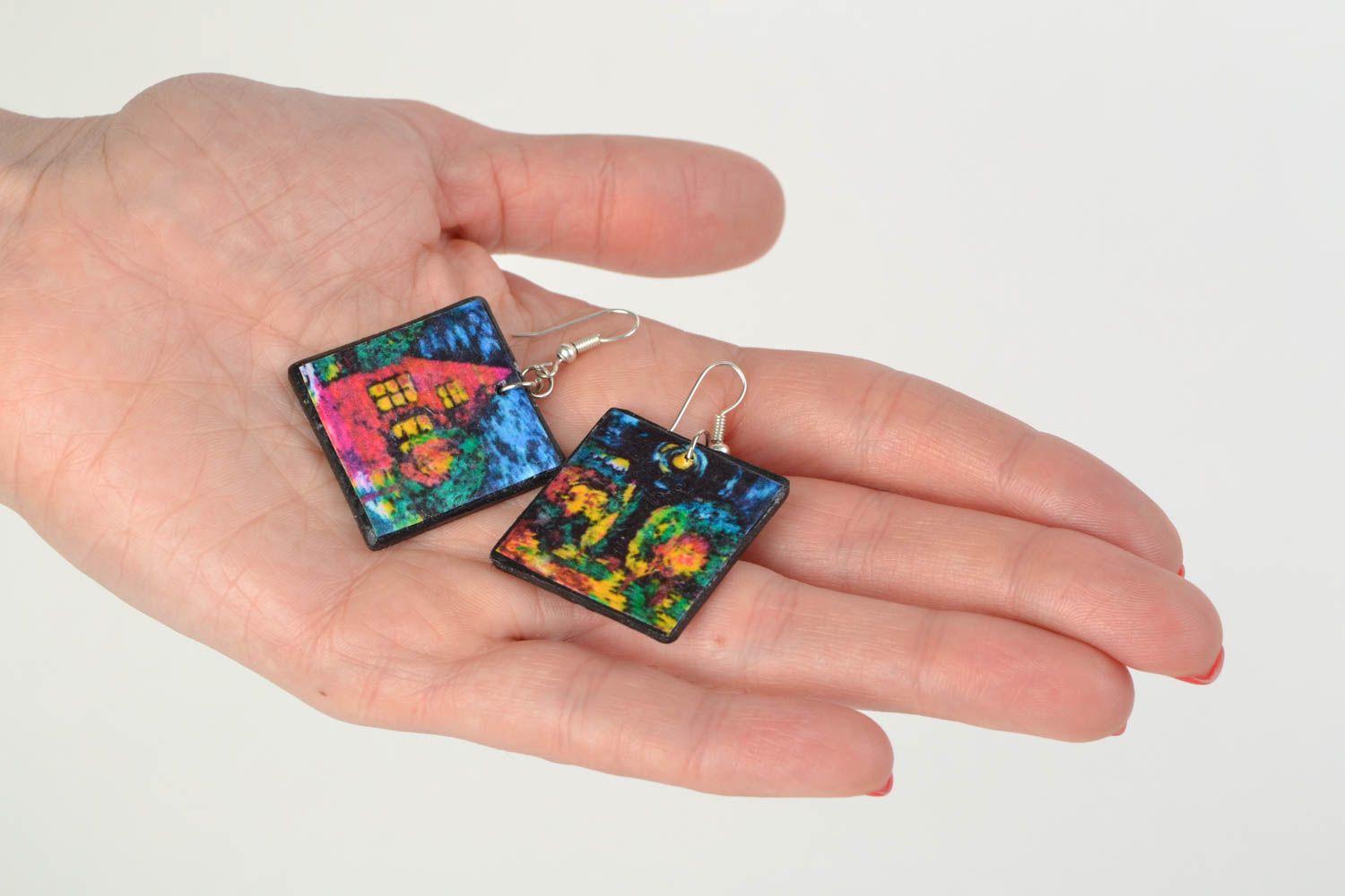 Large handmade decoupage polymer clay square earrings with hook ear wires photo 2