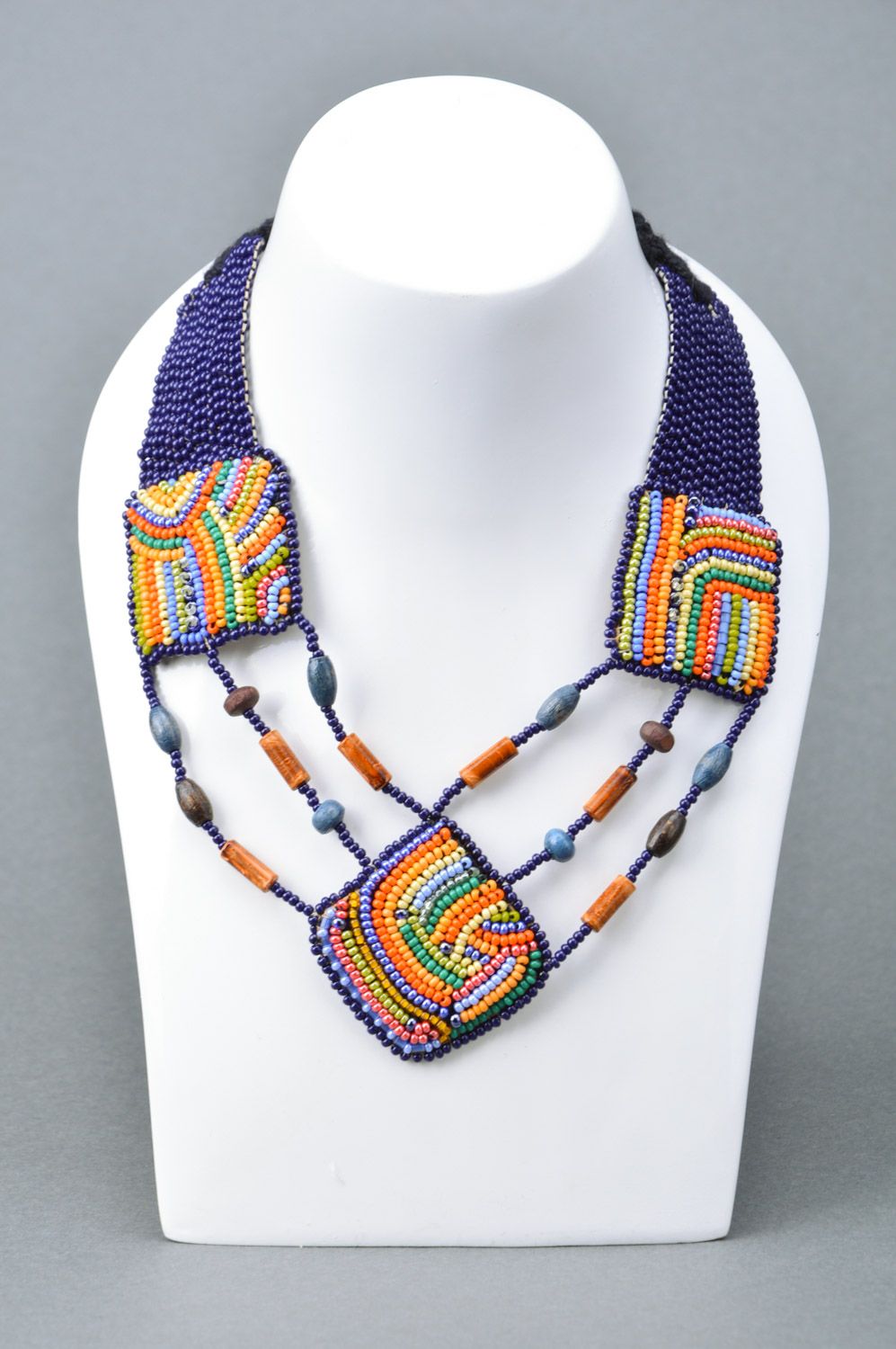 Handmade colorful massive ethnic beaded necklace on leather basis with button photo 3