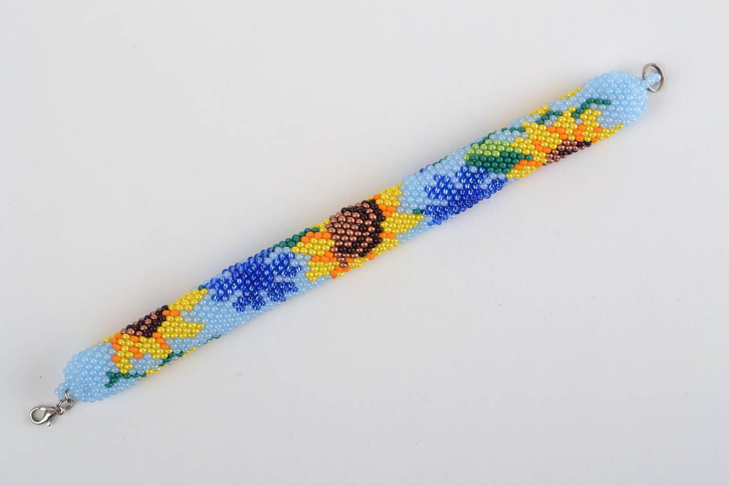 Красочный браслет жгут из бисера ручной работы широкий оригинальный Подсолнухи фото 3