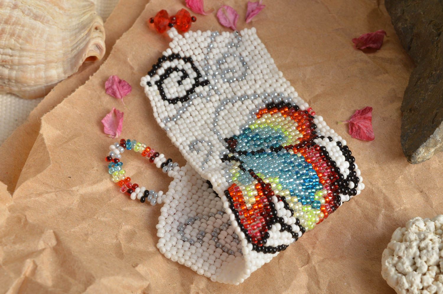 Handmade wide bead woven white wrist bracelet with colorful butterfly pattern photo 1
