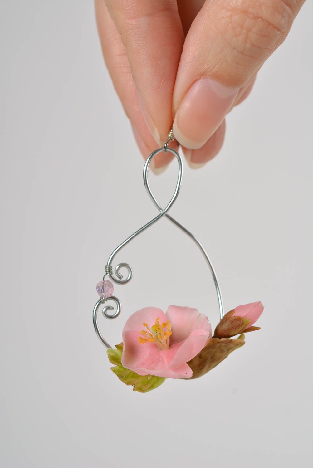 Nice pink women's handmade polymer clay flower earrings designer jewelry photo 2