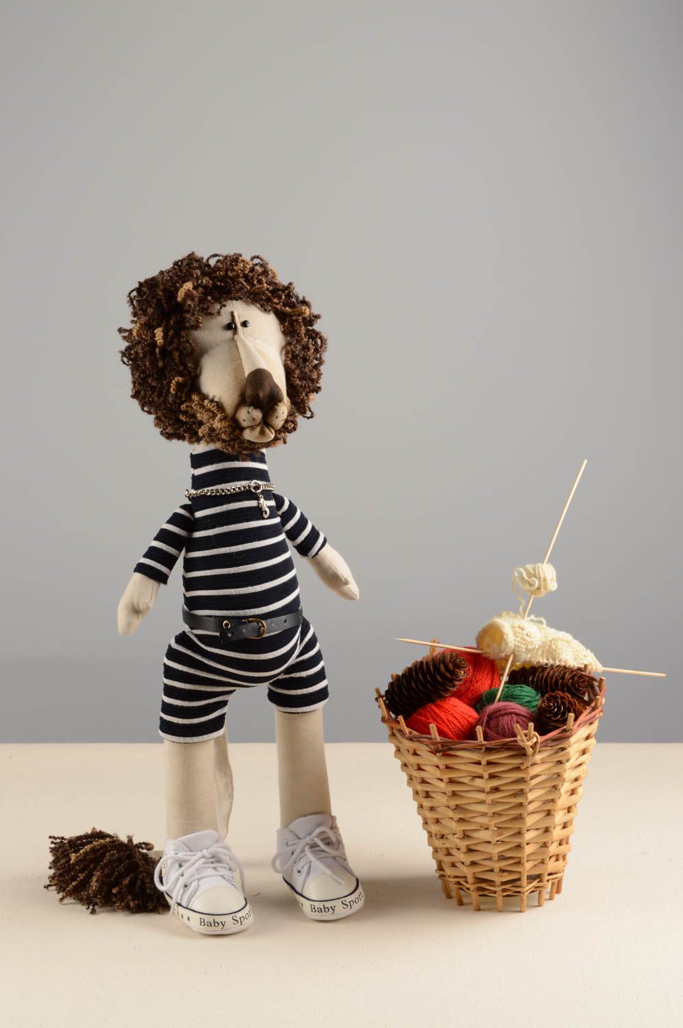 Handmade designer interior cloth soft toy lion in striped overall and white vans photo 1