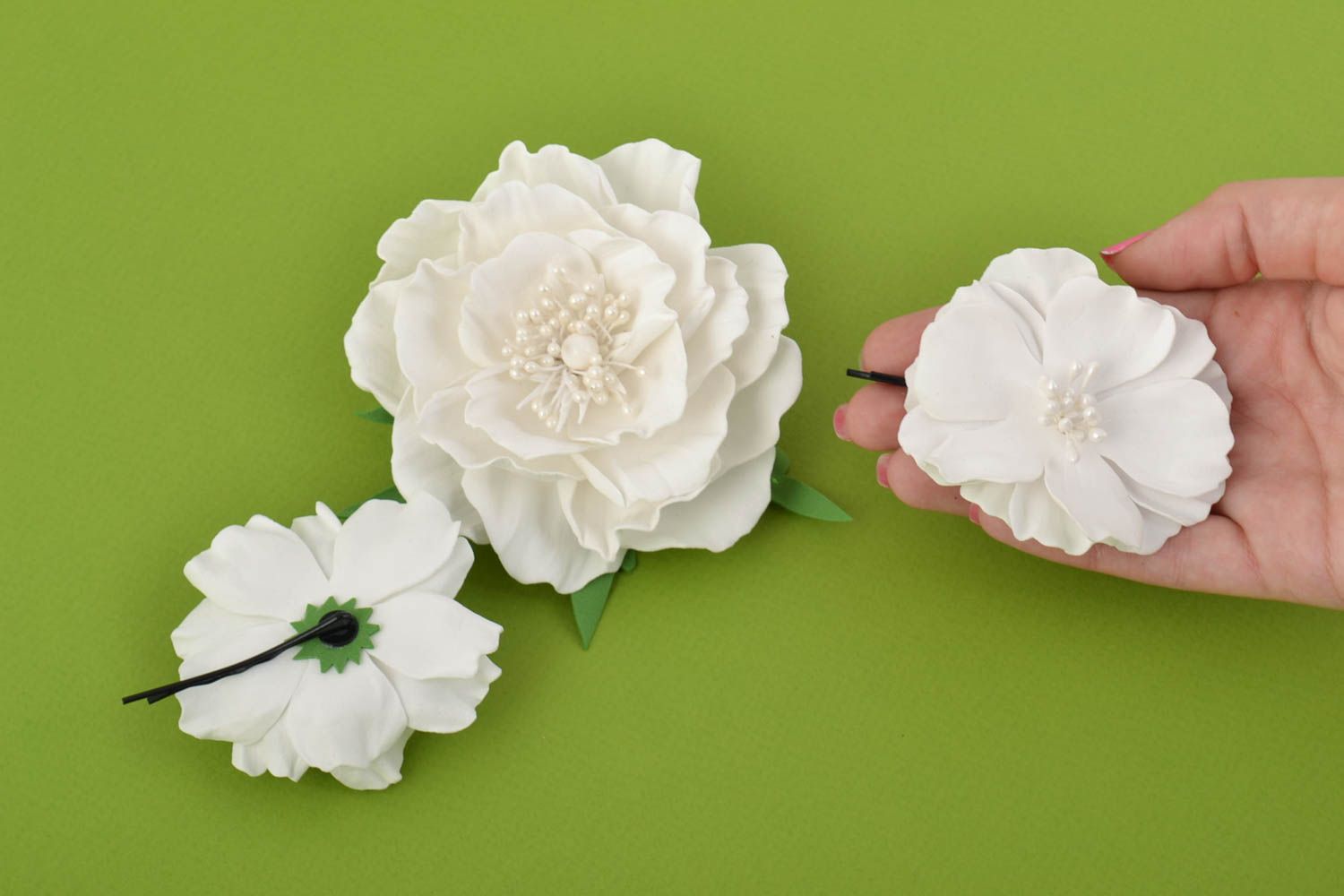 Womens accessories set 3 pieces handmade textile flower brooch flower bobby pins photo 5