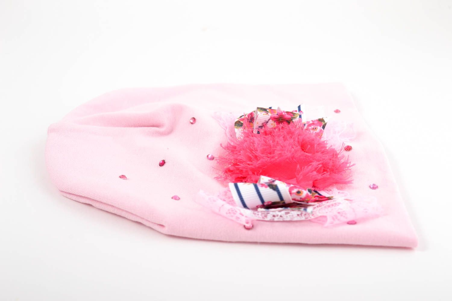 Шапочка для девочки хэнд мейд с цветком весенняя шапка розовая модная шапка фото 5