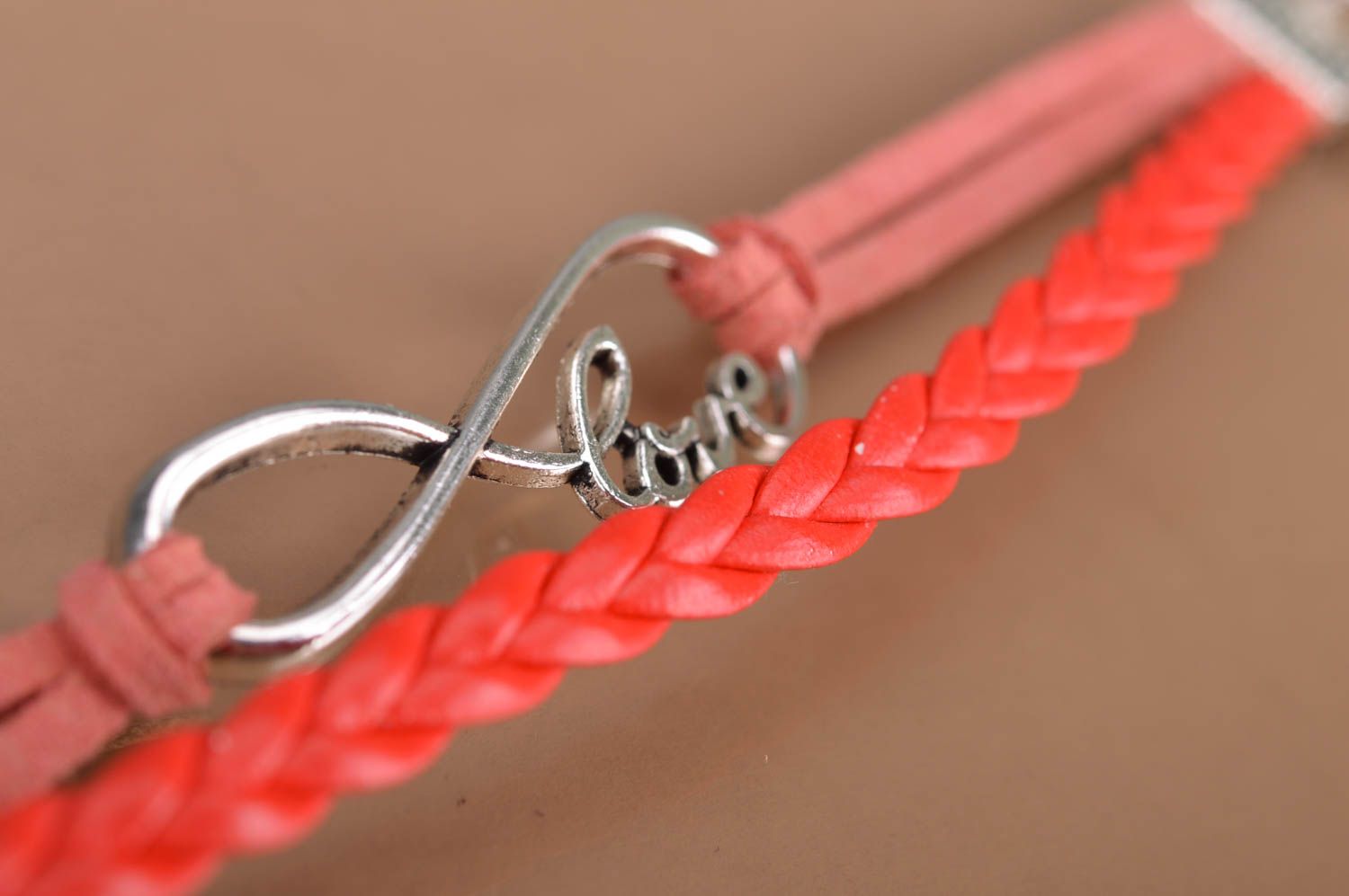 Designer red suede cord handmade wrist bracelet woven with metal insert Love photo 4