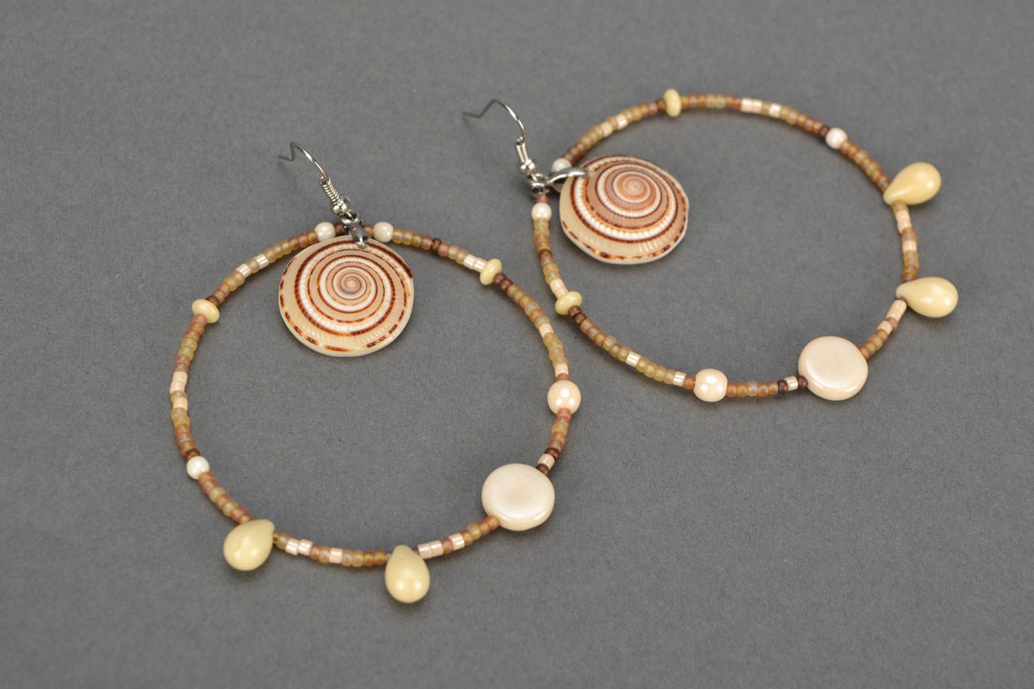 Beautiful handmade beaded hoop earrings with nacre and seashell in marine style photo 1