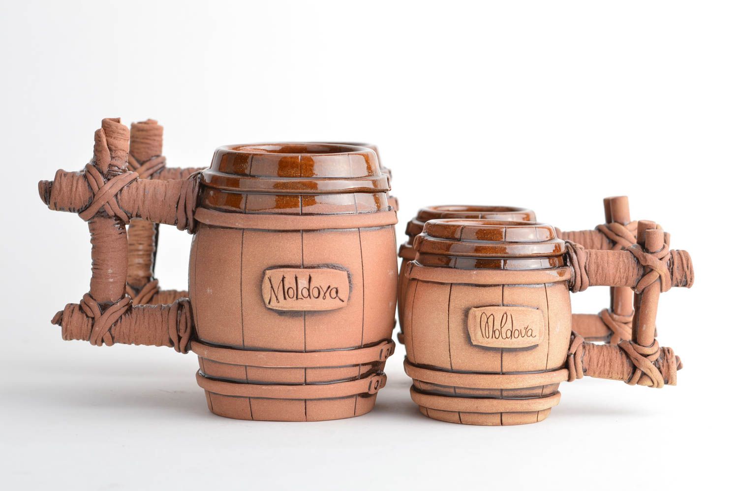 Set of ceramic glazed drinking mugs - two 5 oz ones and two small 3 oz mugs photo 5