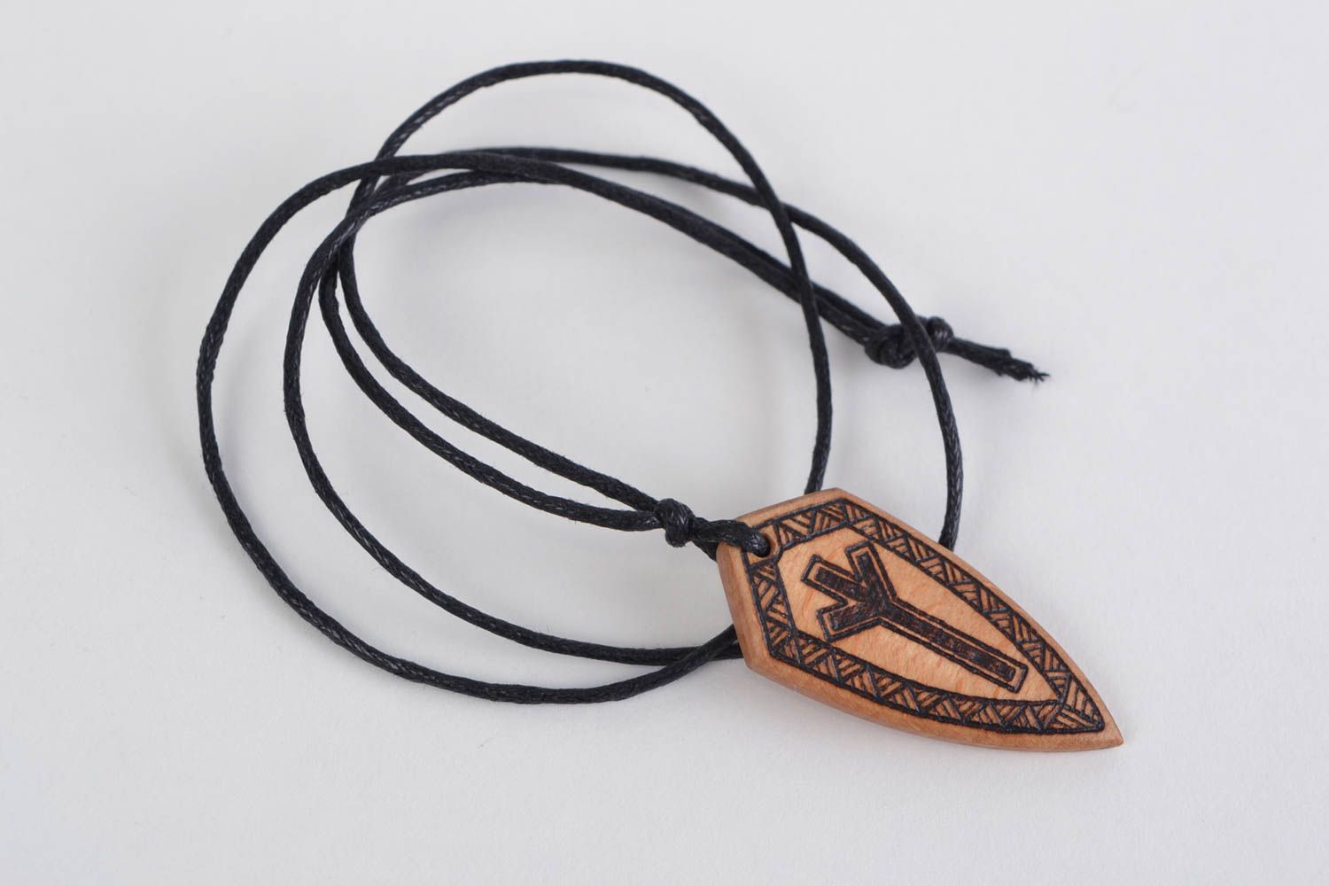 Handmade designer wooden pendant necklace with pyrography in ethnic style Shield photo 1