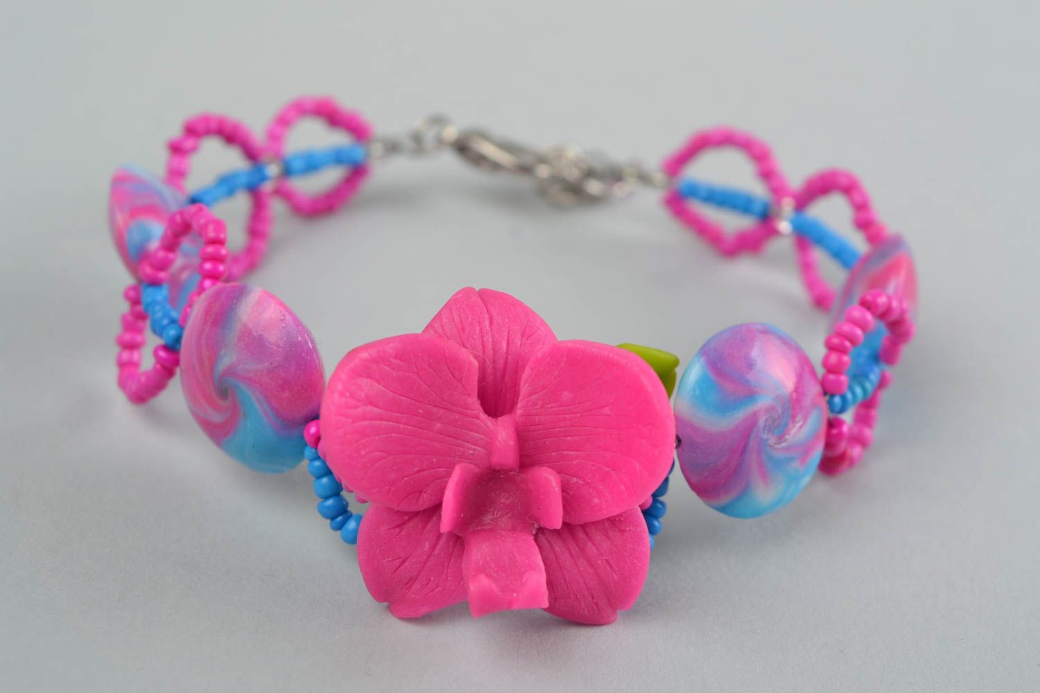 Unusual bright pink handmade designer polymer clay flower bracelet photo 3