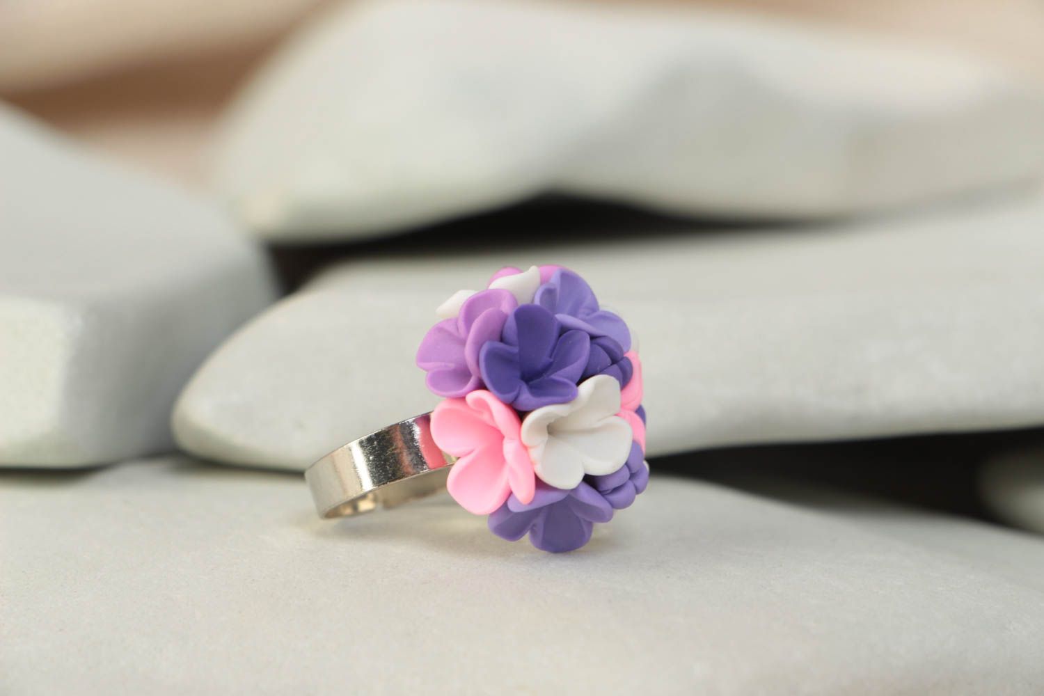 Handmade designer jewelry ring with metal basis and polymer clay flowers photo 1