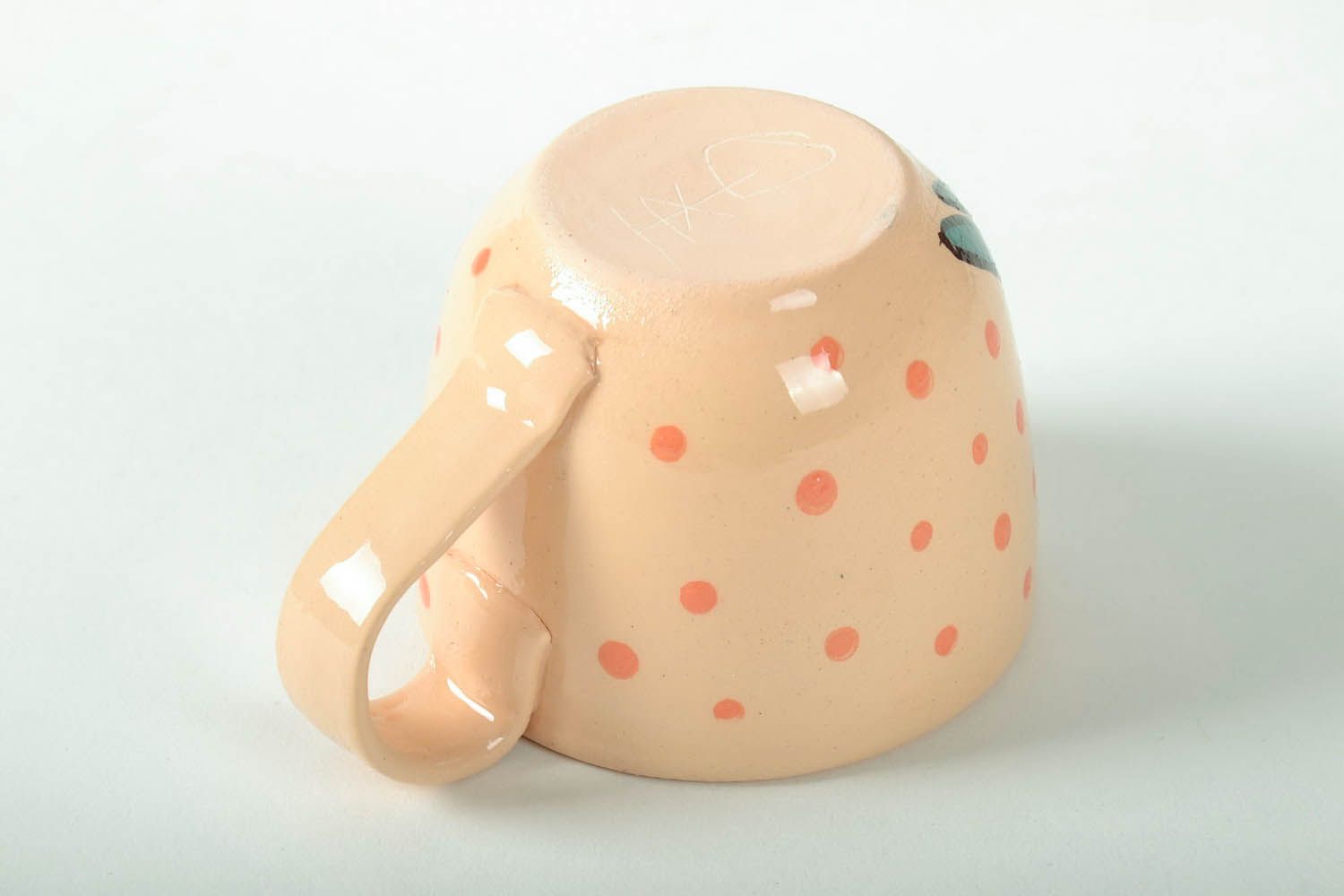 Ceramic tea cup in beige color with handle and bird pattern for kids photo 4
