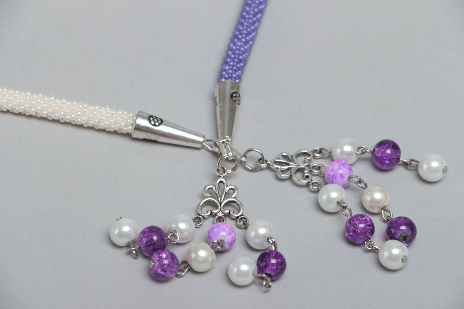 Lilac and white handmade braided beaded lariat necklace designer jewelry photo 4
