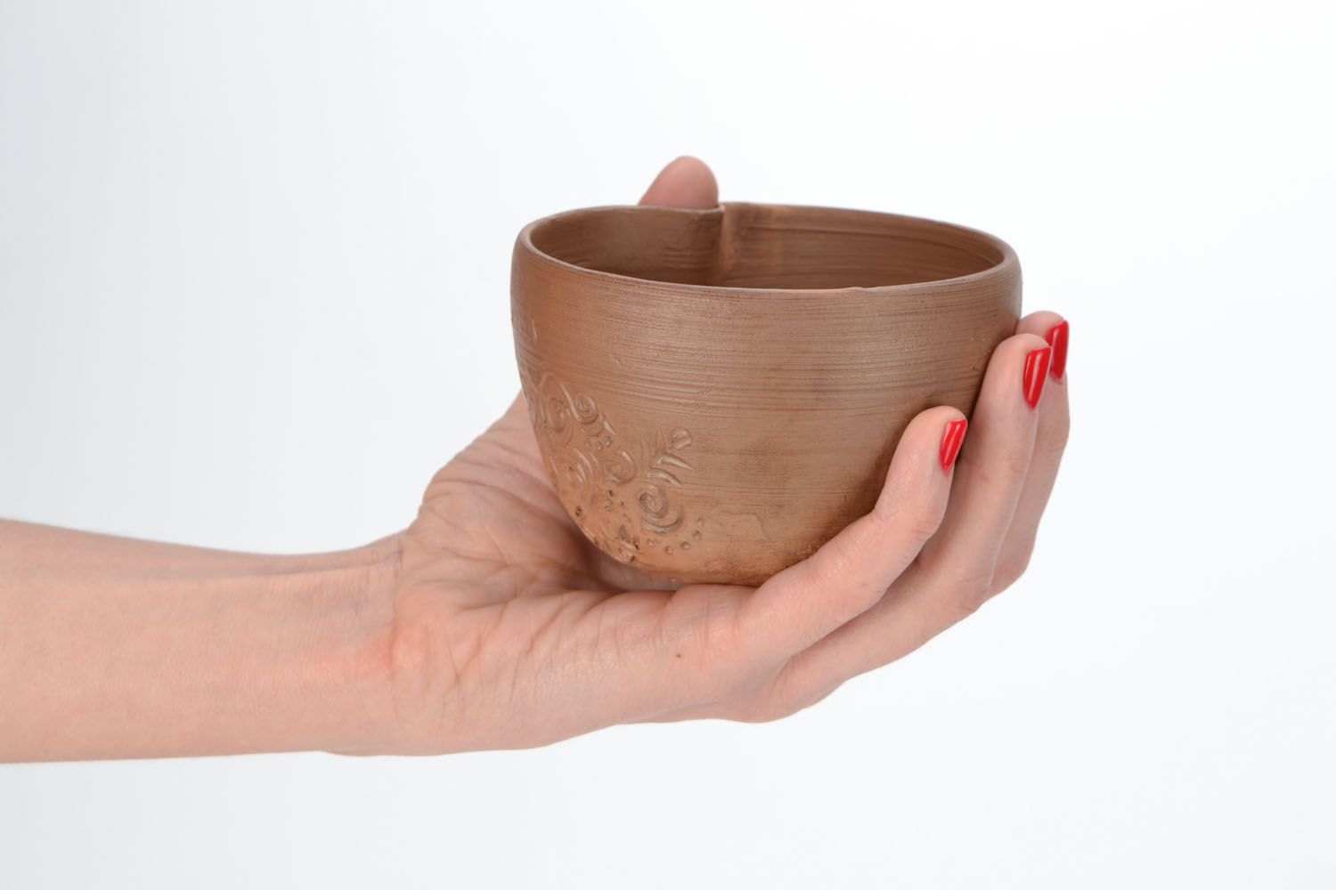 Clay not glazed cup for left-handed people with rustic decor photo 2