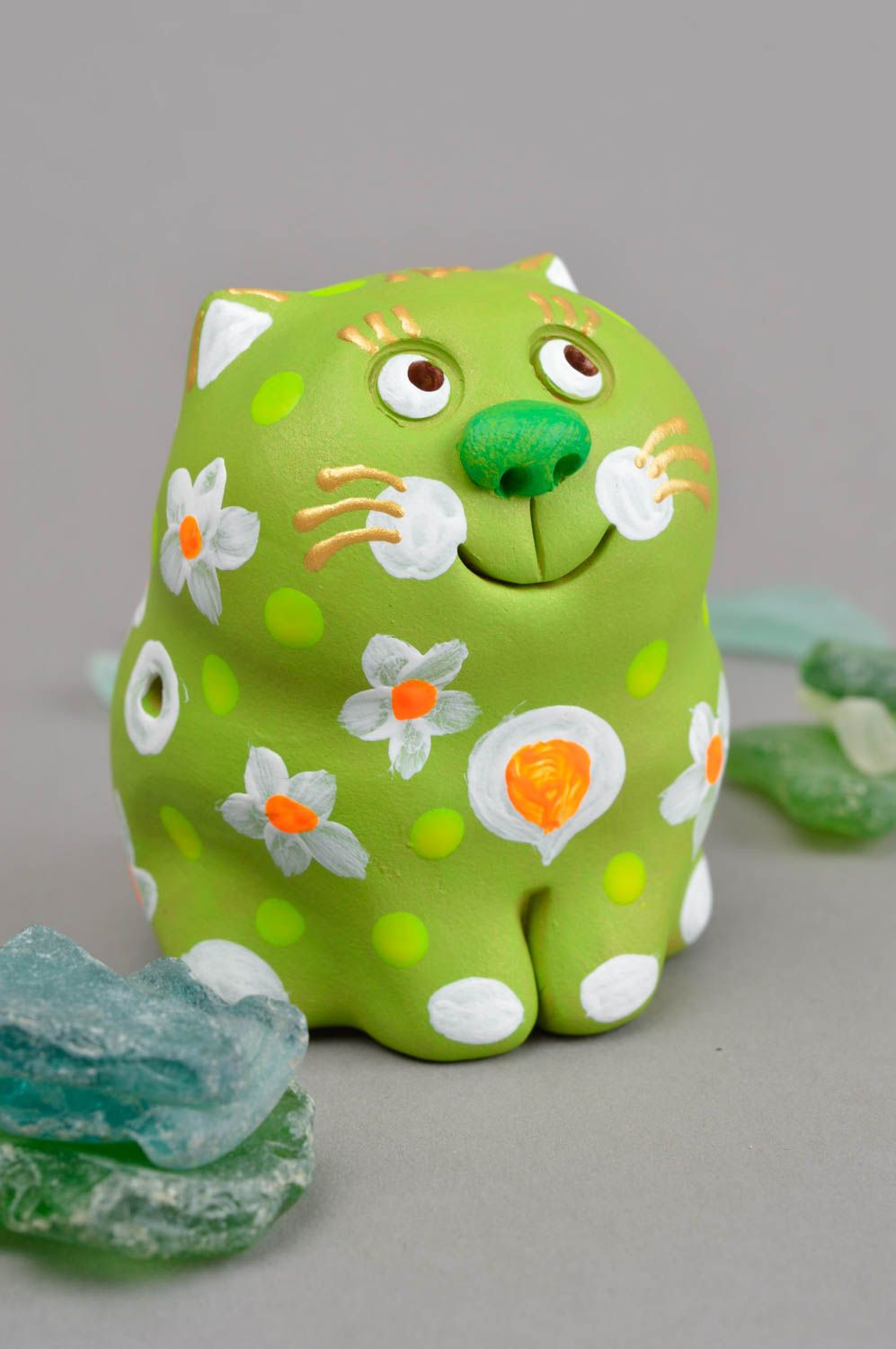 Sifflet jouet fait main Instrument de musique Figurine chat vert céramique photo 1