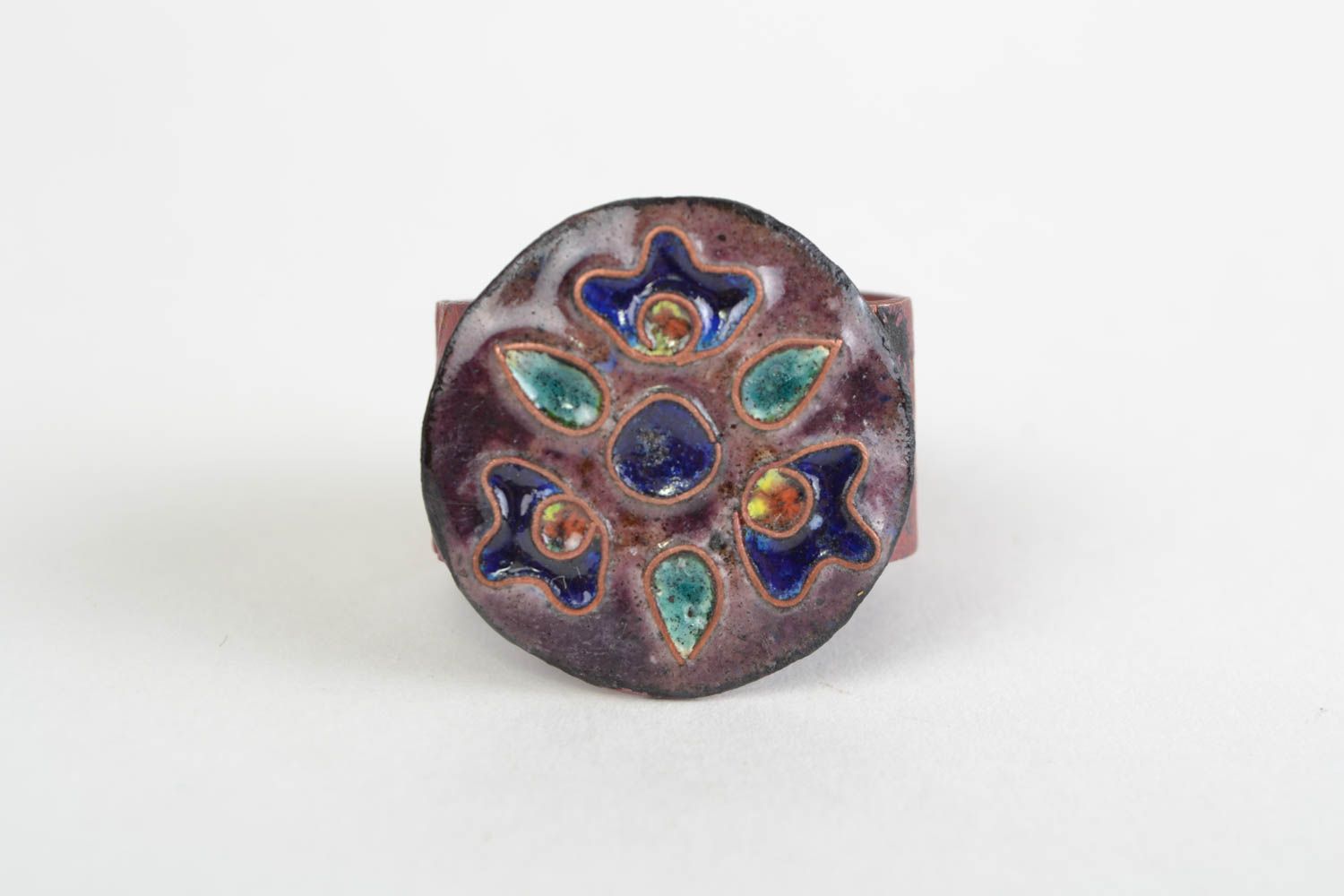 Медное кольцо с эмалью ручной работы круглое с регулируемым размером Цветок фото 2