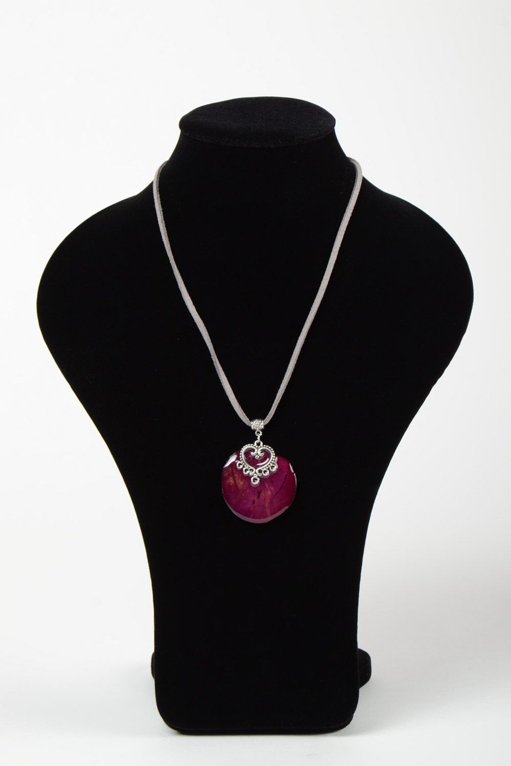 Handmade violet neck pendant on suede cord with flower petal coated with epoxy resin photo 2