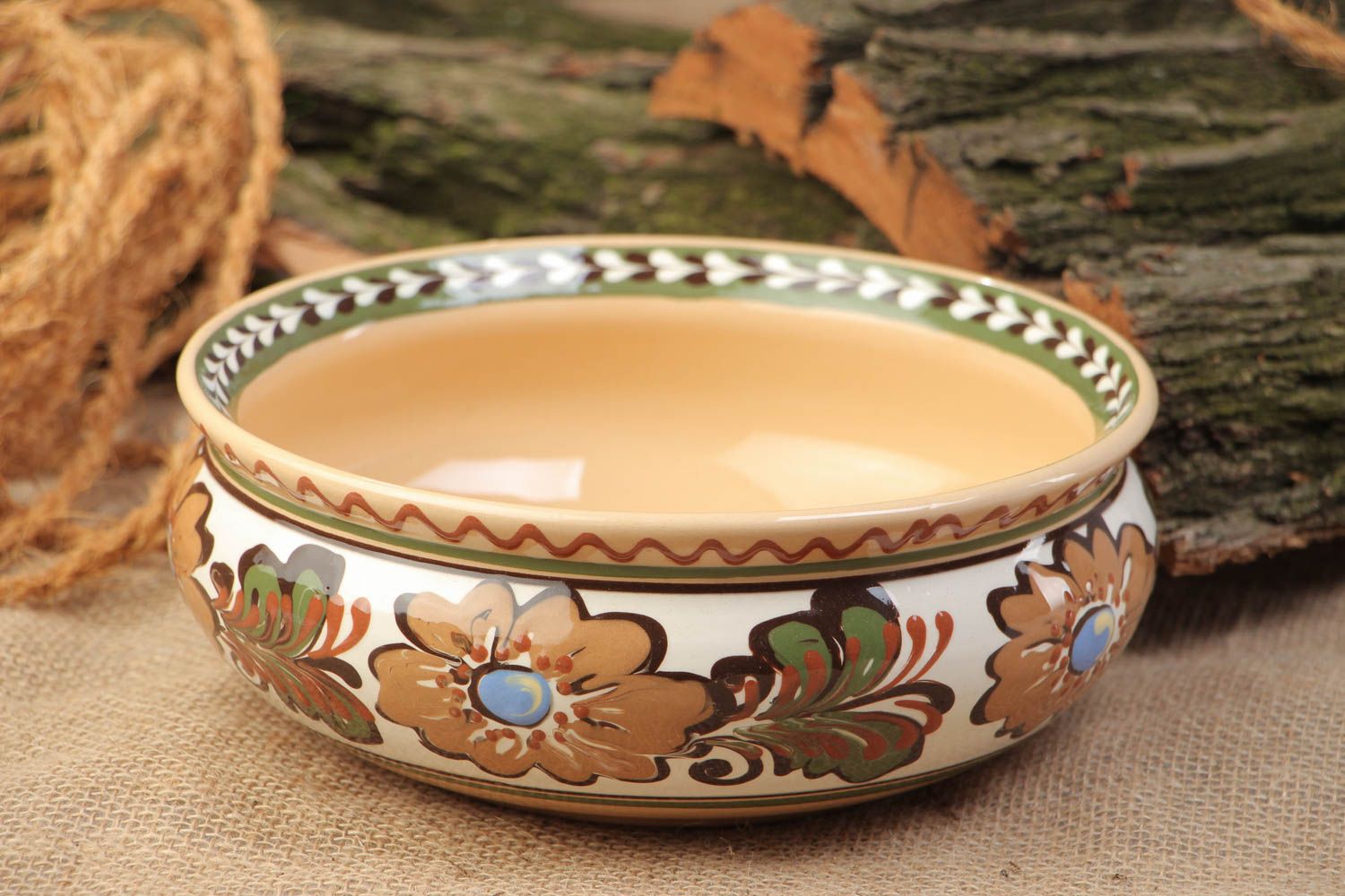 Handmade decorative ceramic bowl painted with glaze for salads for 1.5 l photo 1