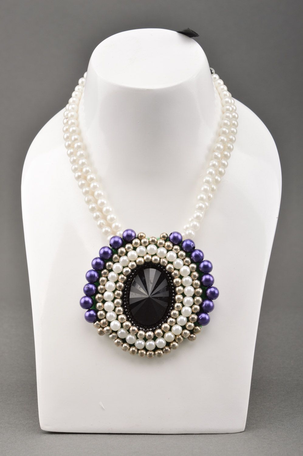 Handmade bead embroidered necklace with rhinestones on felt basis Mirror photo 1