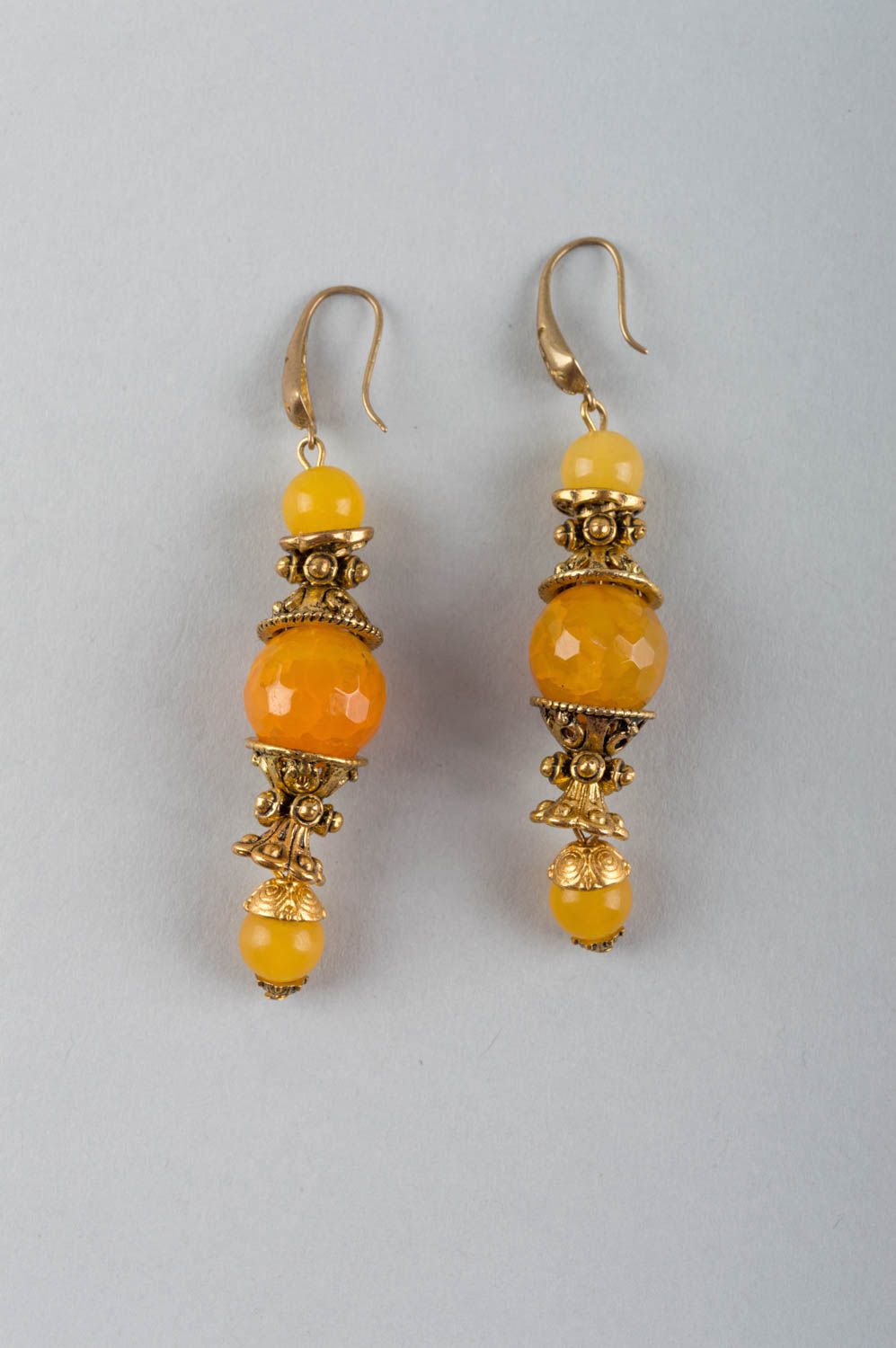 Handmade earrings with natural stones in yellow color long handmade accessory photo 2
