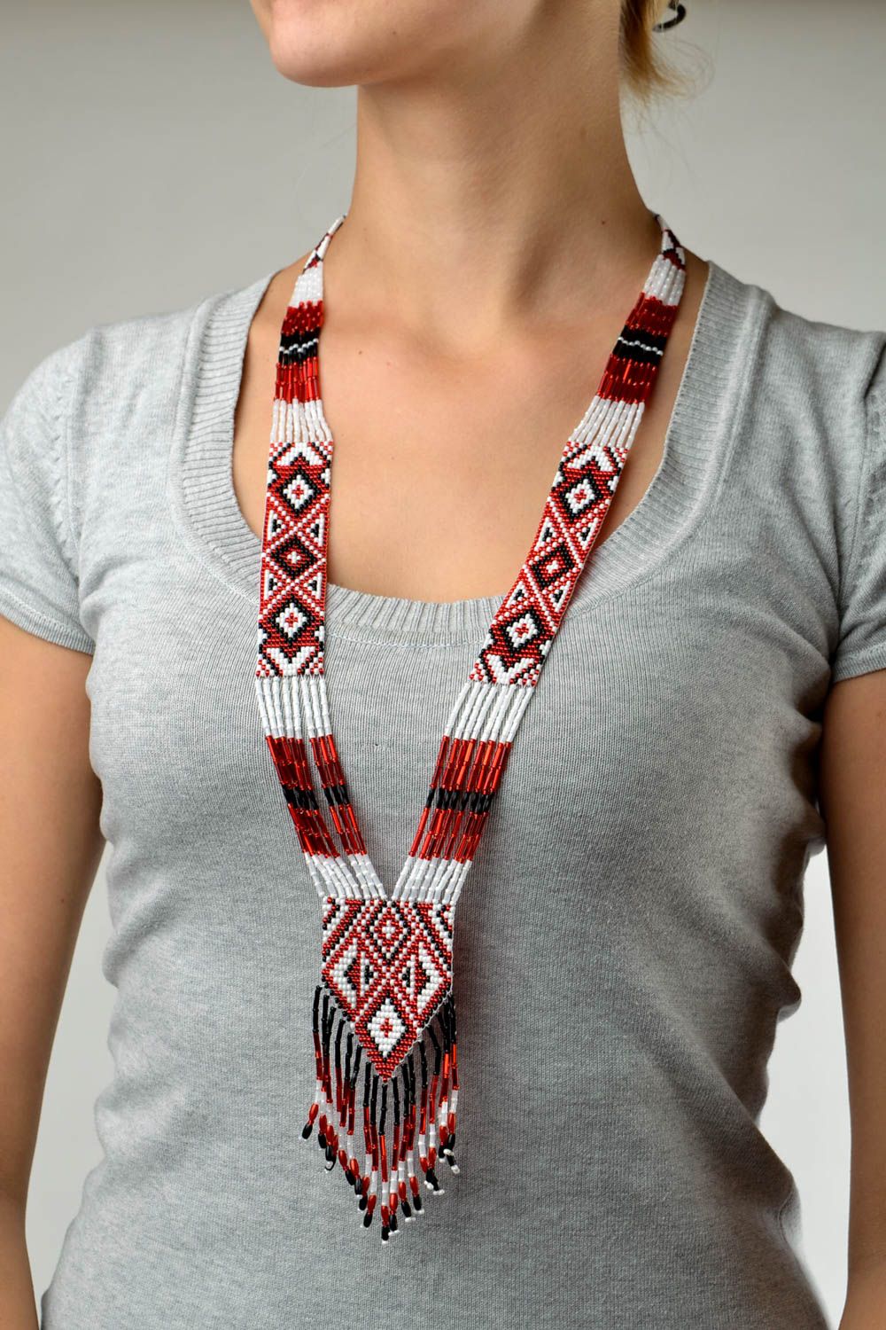 Designer beaded necklace ethnic handmade accessory beaded gerdan with rhombus photo 1