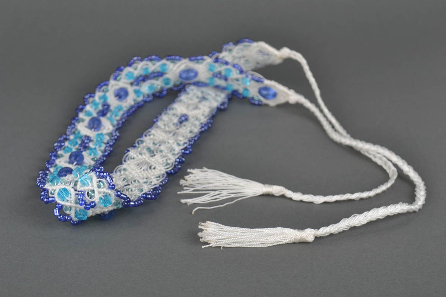 Ceinture textile Accessoire fait main bleu blanc macramé design Cadeau femme photo 2