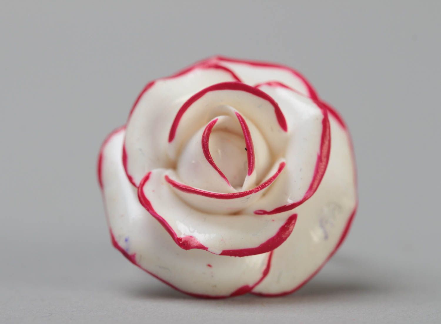 Handmade designer jewelry ring on metal basis with polymer clay white rose  photo 2
