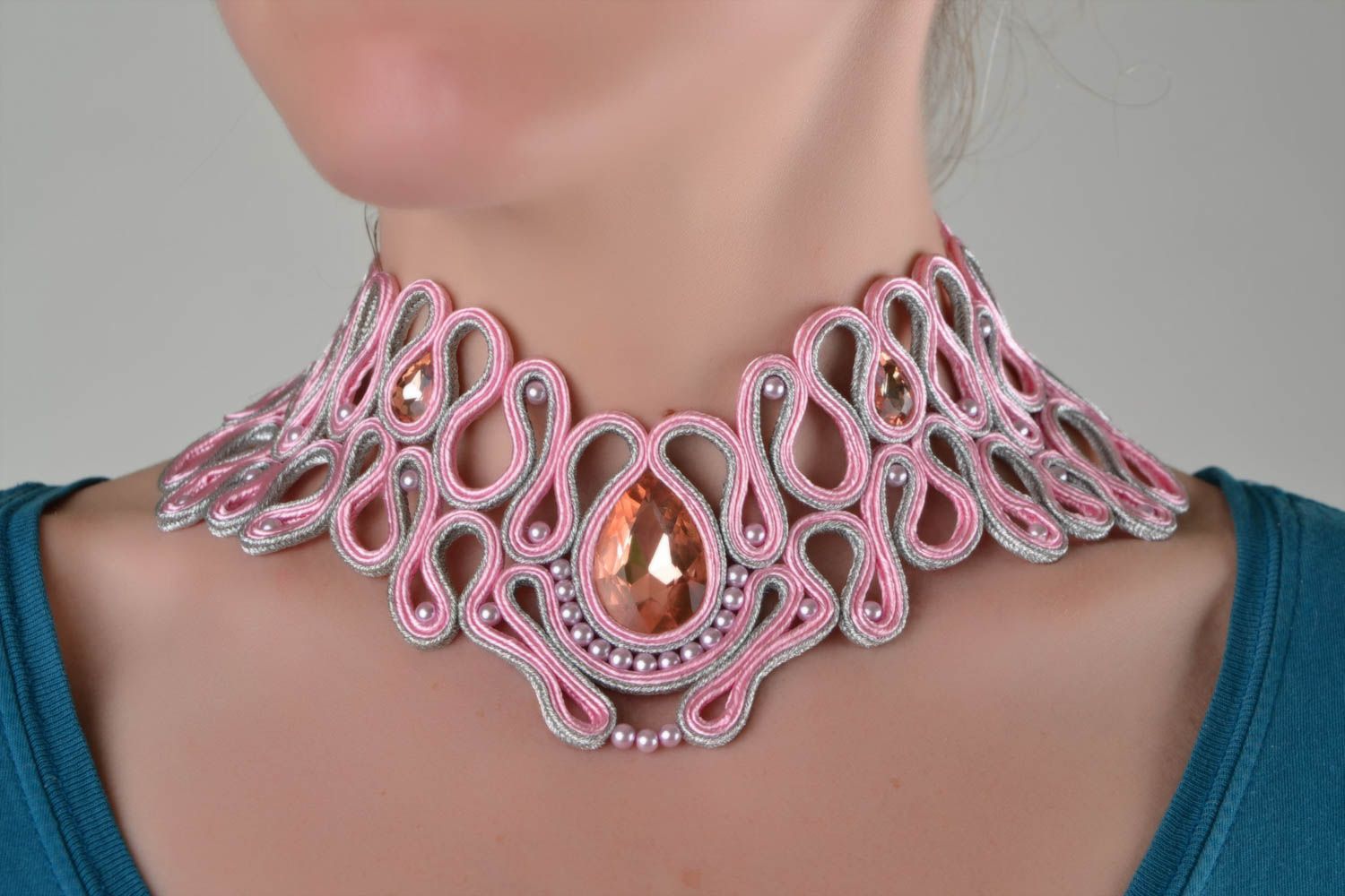 Soutache necklace with rivoli beads handmade pink beautiful accessory East  photo 1