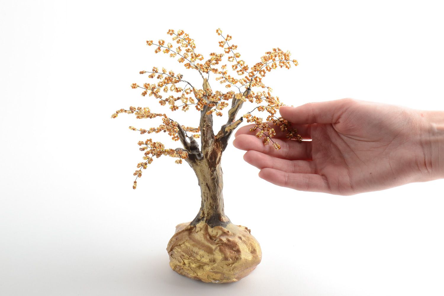 Handmade decorative beaded happiness tree with metal frame Golden Autumn  photo 5