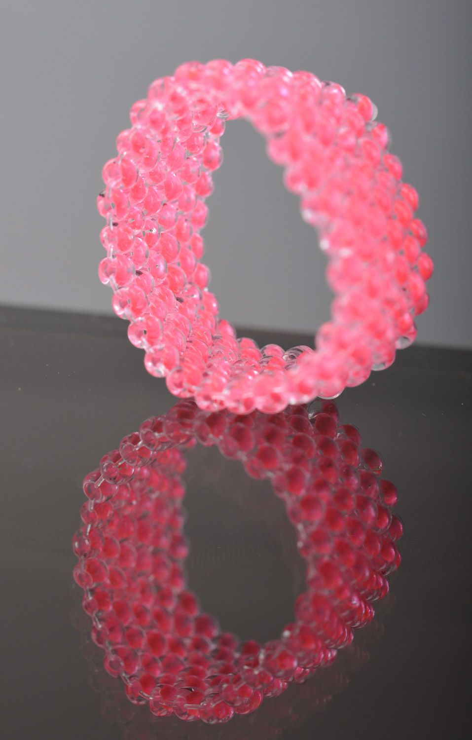 Handmade simple ring woven of beads of pink color and fishing line for girls photo 4