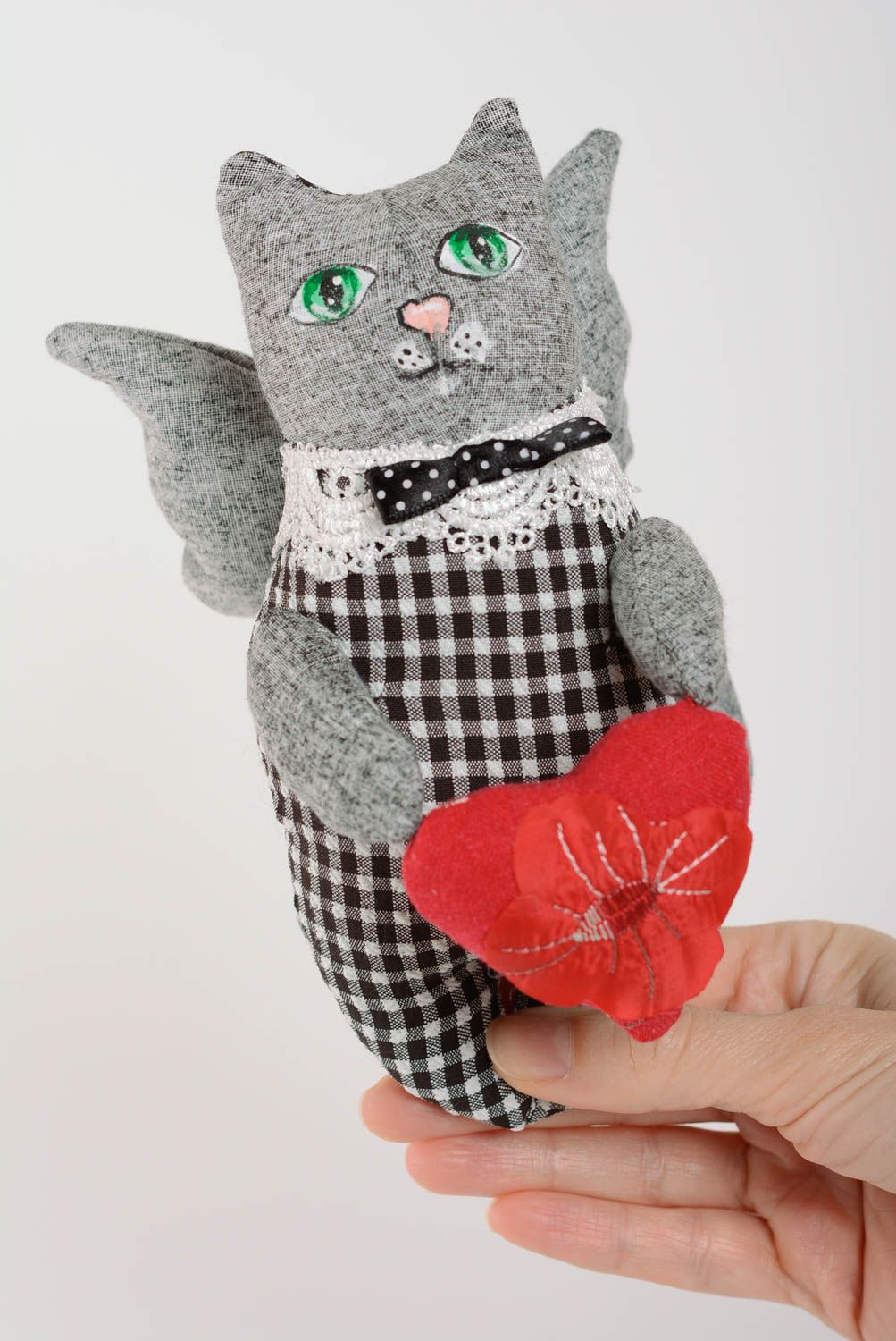 Beautiful handmade fabric soft toy in the shape of gray cat for home decor photo 5