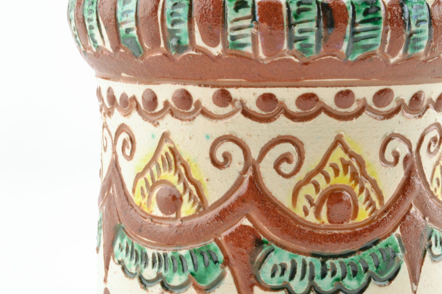 Decorative cup with ethnic green, cherry, beige colors' and a handle photo 3