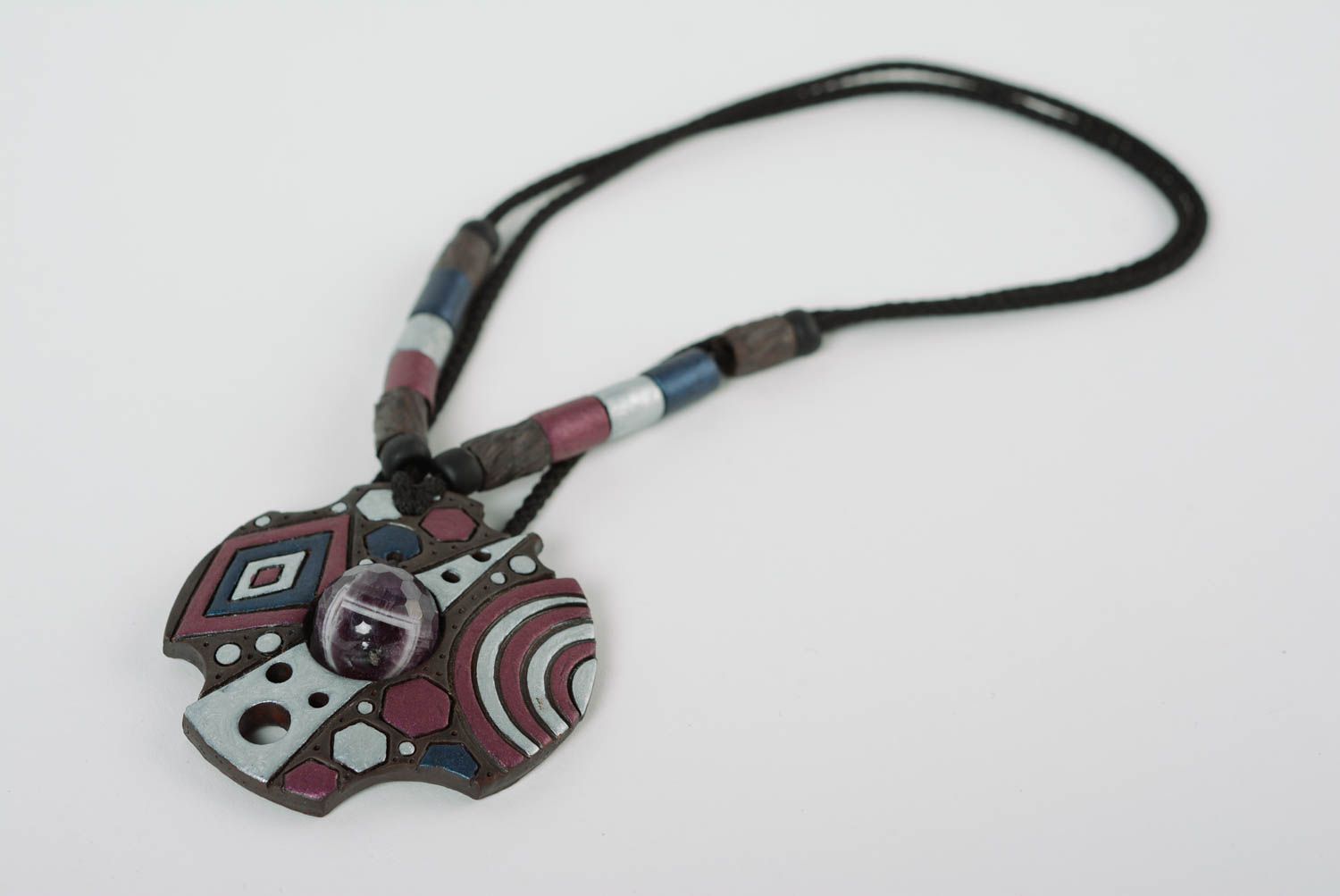 Handmade designer pendant made of clay and painted with colored enamel with bead photo 1
