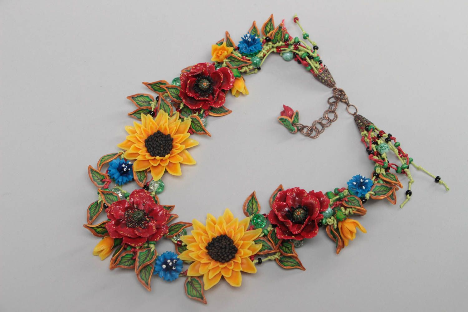 Necklace made of polymer clay with wildflowers poppies and sunflowers hand made photo 2