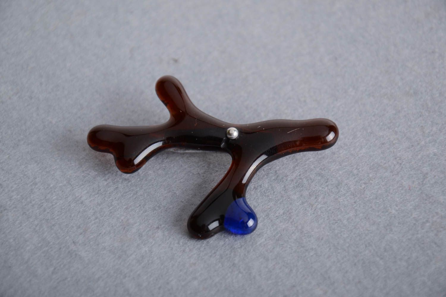 Beautiful handmade fused glass brooch in the shape of dark red branch photo 1