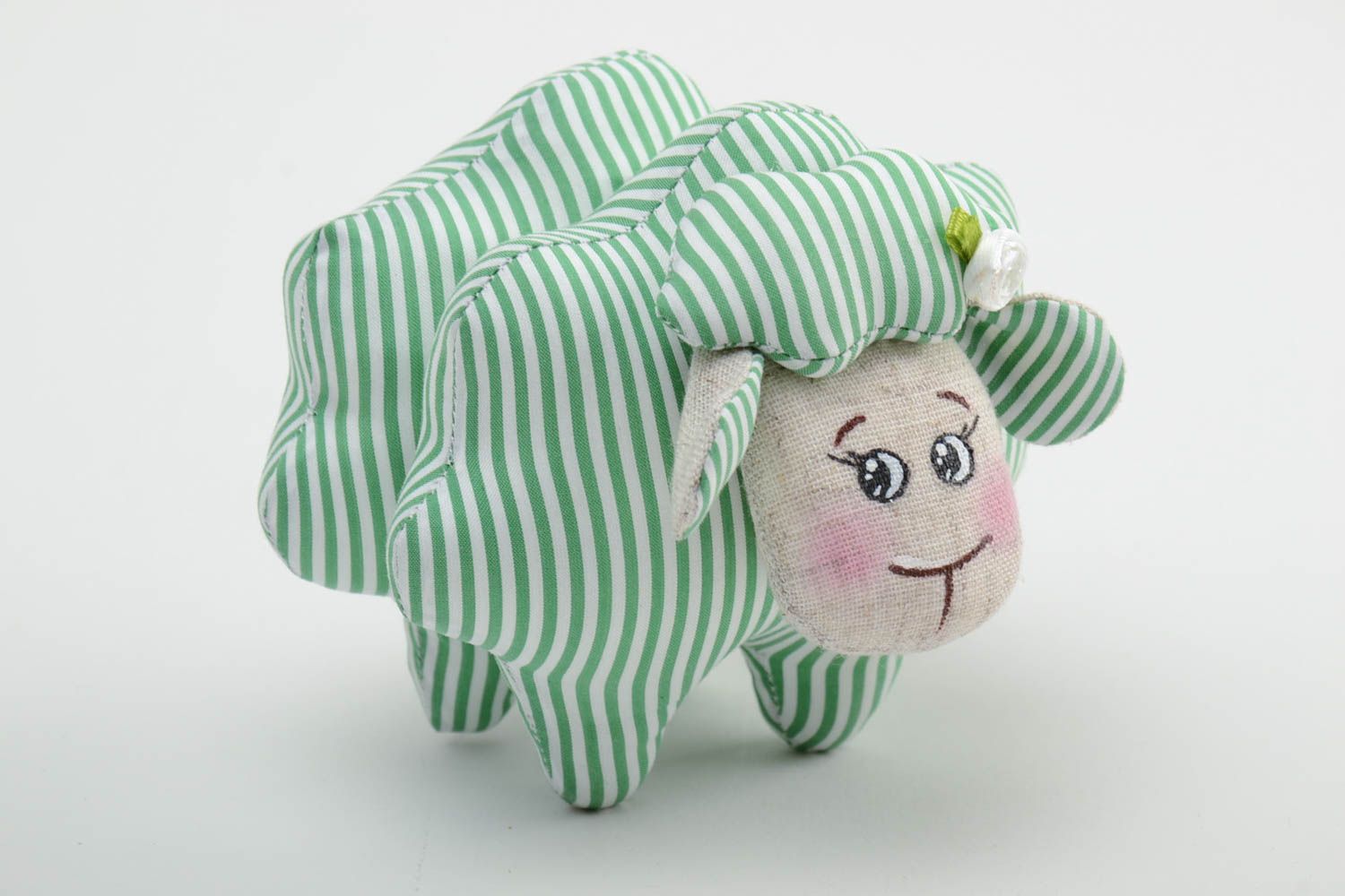 Handmade small soft toy sewn of white and green striped linen fabric cute lamb photo 2