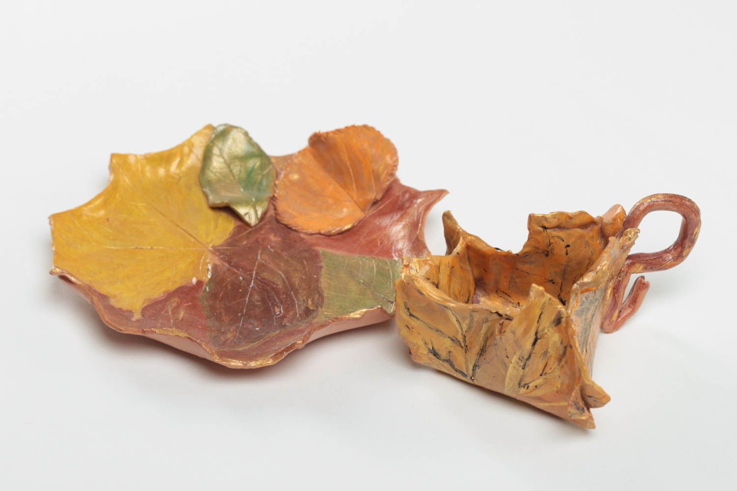 Оригинальный подсвечник из полимерной глины в виде листьев с росписью хэнд мэйд фото 2